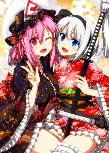 Anime picture 1200x1679 with touhou konpaku youmu saigyouji yuyuko myon sazanami mio tall image short hair open mouth blue eyes red eyes multiple girls pink hair silver hair traditional clothes japanese clothes one eye closed wink victory girl flower (flowers)