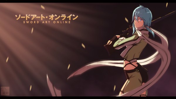 Anime picture 1366x768 with sword art online a-1 pictures asada shino aconst single short hair blue eyes wide image holding blue hair profile fingernails sunlight bare belly wallpaper bare back girl gloves hair ornament weapon