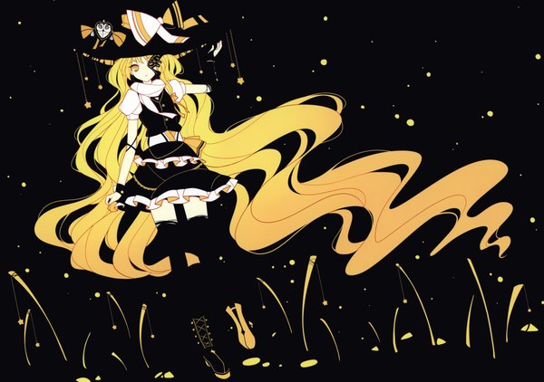 Anime picture 4661x3284 with touhou kirisame marisa ideolo single highres blonde hair yellow eyes absurdres very long hair black background witch blending girl thighhighs skirt bow black thighhighs star (symbol) witch hat