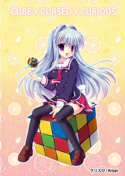 Anime picture 1071x1500 with cube x cursed x curious silver link fear kubrick sasori gatame (krizpi) long hair tall image blush open mouth red eyes blue hair loli girl thighhighs skirt uniform black thighhighs school uniform miniskirt necktie shoes
