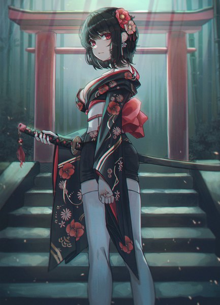 Anime picture 4191x5806 with original domi (hyaku8795) single tall image looking at viewer fringe highres short hair breasts black hair red eyes standing holding absurdres cleavage outdoors traditional clothes japanese clothes hair flower sunlight