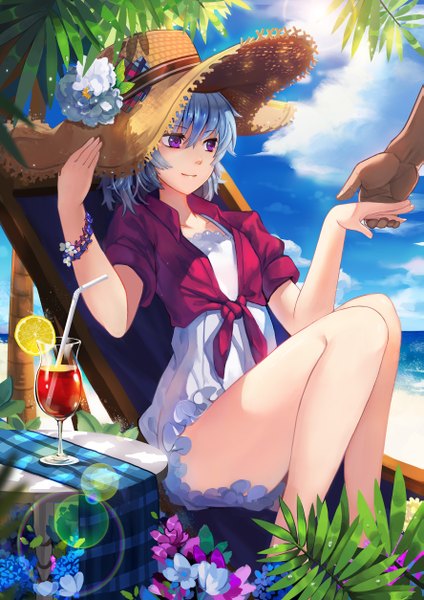 Anime picture 1773x2508 with darker than black original studio bones yin (darker than black) tsubasa19900920 single tall image highres short hair purple eyes blue hair sky cloud (clouds) girl dress flower (flowers) plant (plants) hat drink