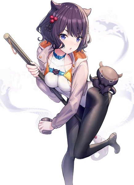 Anime picture 870x1200 with fate (series) fate/grand order katsushika hokusai (fate/grand order) tokitarou (fate/grand order) ririko (zhuoyandesailaer) single tall image looking at viewer blush fringe short hair breasts open mouth blue eyes light erotic black hair simple background standing white background holding