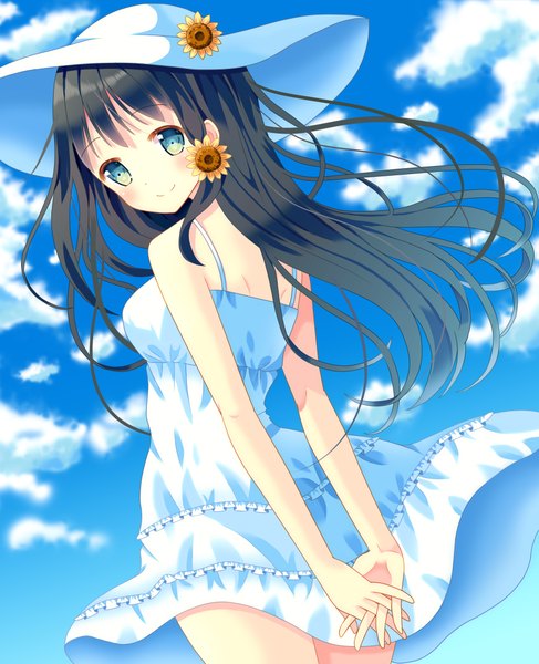 Anime picture 1784x2200 with original hazakura satsuki long hair tall image looking at viewer blush highres blue eyes black hair smile sky cloud (clouds) girl dress hat sundress
