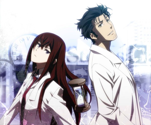 Anime picture 1200x995 with steins;gate white fox makise kurisu okabe rintarou nyoronyoro long hair looking at viewer fringe short hair black hair brown hair grey eyes back to back girl boy necktie clock labcoat hourglass