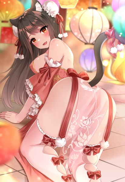 Anime picture 893x1300 with original katsushika pachi single long hair tall image fringe breasts open mouth light erotic smile red eyes brown hair large breasts animal ears payot bent knee (knees) ass tail traditional clothes head tilt