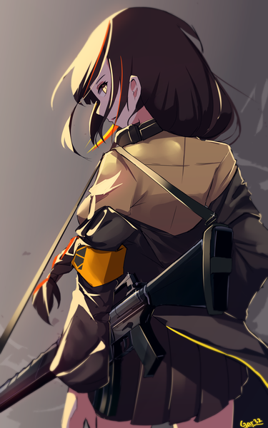 Anime picture 2500x4000 with girls frontline m16a1 (girls frontline) tegar32 single long hair tall image looking at viewer fringe highres simple background brown hair standing signed yellow eyes payot braid (braids) profile pleated skirt looking back multicolored hair