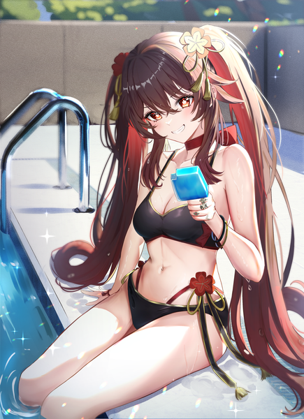 Anime picture 1240x1711 with genshin impact hu tao (genshin impact) gao kawa single tall image looking at viewer fringe light erotic smile hair between eyes red eyes brown hair twintails very long hair sparkle grin symbol-shaped pupils soaking feet poolside girl