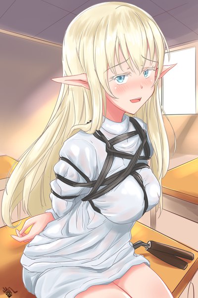 Anime picture 1000x1500 with asobi asobase olivia (asobi asobase) heckler kai single long hair tall image looking at viewer blush fringe breasts open mouth blue eyes light erotic blonde hair hair between eyes sitting signed pointy ears bare legs hands behind back