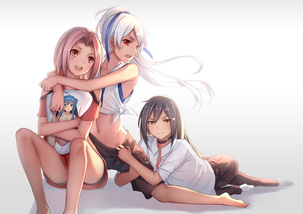 Anime picture 1753x1240 with original musynexsk long hair looking at viewer highres short hair open mouth black hair smile red eyes sitting bare shoulders yellow eyes pink hair silver hair ponytail pink eyes barefoot multiple boys bare legs