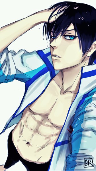 Anime picture 713x1267 with free! kyoto animation nanase haruka (free!) bev-nap single tall image looking at viewer fringe short hair blue eyes black hair simple background hair between eyes standing white background signed parted lips barefoot arm up open jacket