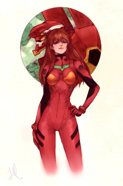 Anime picture 800x1213 with neon genesis evangelion gainax soryu asuka langley eva 02 jdarnell single long hair tall image simple background brown hair white background signed grey eyes hand on hip girl bodysuit pilot suit mecha