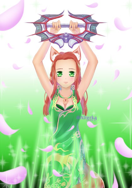 Anime picture 1400x2000 with perfect world alterka single long hair tall image blush brown hair green eyes animal ears cleavage tail animal tail arms up sparkle fox ears fox tail fox girl green background girl dress
