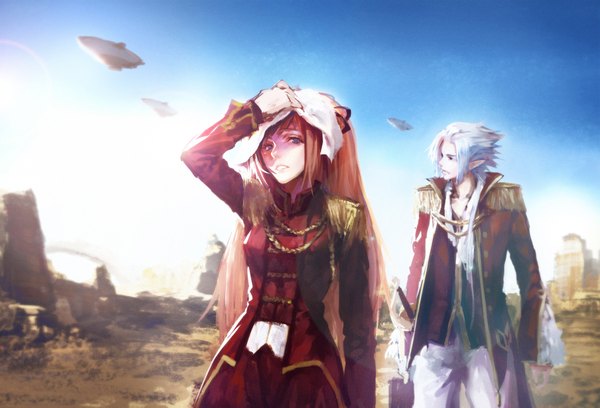 Anime picture 1816x1235 with original pixiv fantasia pixiv fantasia new world hangleing long hair highres short hair blue eyes sky white hair pointy ears black eyes orange hair desert girl boy uniform military uniform sun aircraft