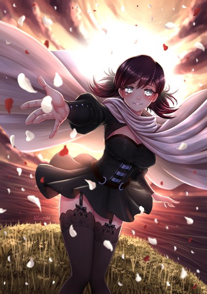 Anime picture 1240x1754 with rwby rooster teeth summer rose adsouto single long hair tall image looking at viewer blush fringe breasts light erotic smile hair between eyes standing signed sky cleavage cloud (clouds) bent knee (knees)