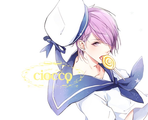 Anime picture 1000x811 with lucky dog giulio di bondone komichi96 single blush fringe short hair simple background white background purple eyes holding purple hair from above hair over one eye inscription piercing mouth hold ear piercing hat removed boy