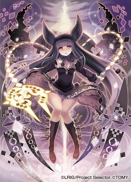 Anime picture 800x1110 with wixoss madopen single long hair tall image looking at viewer blush fringe breasts open mouth light erotic black hair red eyes holding animal ears full body blunt bangs official art :o copyright name