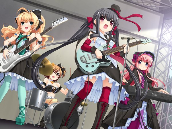 Anime picture 2048x1536 with sorimura youji highres blue eyes black hair blonde hair red eyes twintails multiple girls green eyes pink hair group singing band girl bow hair bow hat 4 girls microphone musical instrument