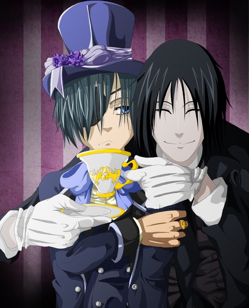 Anime picture 1529x1881 with kuroshitsuji a-1 pictures sebastian michaelis ciel phantomhive tall image short hair blue eyes black hair smile blue hair looking away eyes closed multiple boys striped background boy gloves hat 2 boys eyepatch cup