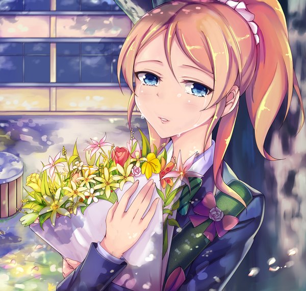 Anime picture 1000x954 with love live! school idol project sunrise (studio) love live! ayase eli kalian single long hair looking at viewer blush open mouth blue eyes blonde hair ponytail teeth tears crying sad against tree graduation girl