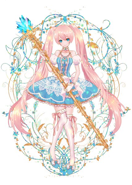 Anime picture 800x1120 with original rua (k-tie) single tall image looking at viewer blue eyes white background twintails bare shoulders pink hair very long hair girl thighhighs dress gloves flower (flowers) white thighhighs frills staff
