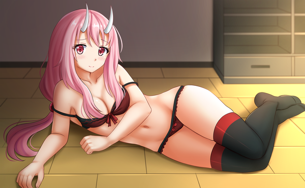 Anime picture 1920x1184 with tensei shitara slime datta ken 8bit shuna (tensei shitara slime datta ken) kazenokaze single long hair looking at viewer blush fringe highres breasts light erotic smile wide image bare shoulders pink hair cleavage full body indoors lying