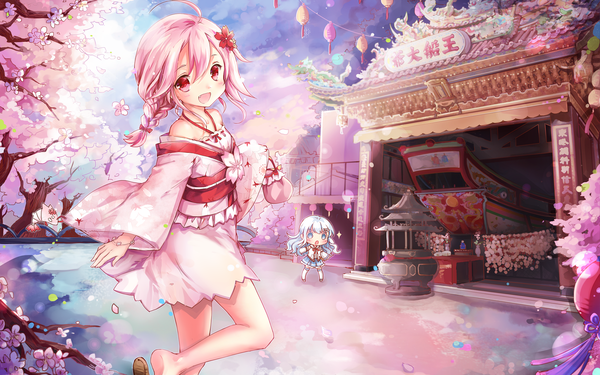 Anime picture 1920x1200 with sergestid shrimp in tungkang xuan ying bya (artist) long hair looking at viewer highres open mouth bare shoulders multiple girls blue hair pink hair ahoge traditional clothes head tilt japanese clothes wide sleeves cherry blossoms happy landscape chibi