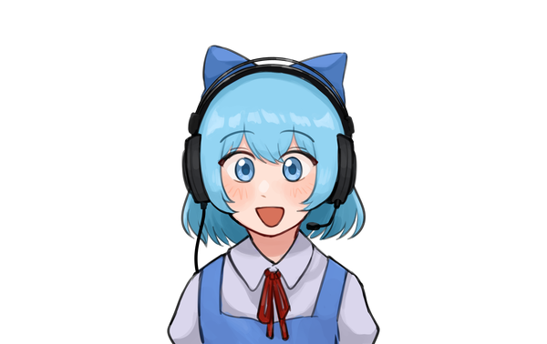 Anime picture 2063x1299 with touhou cirno nvi2762 single looking at viewer blush fringe highres short hair open mouth blue eyes smile blue hair upper body :d transparent background girl bow hair bow headphones