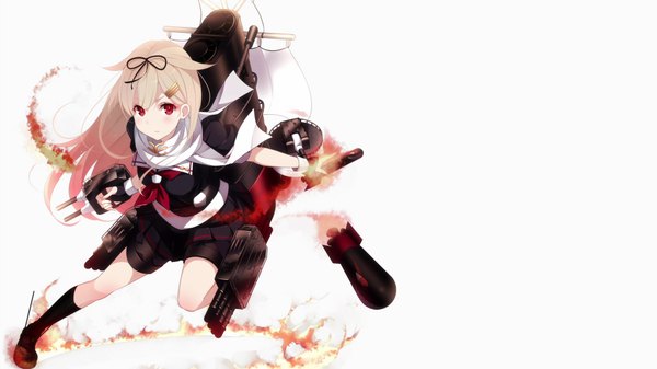 Anime picture 1920x1080 with kantai collection yuudachi destroyer kisaichi jin single long hair looking at viewer blush fringe highres simple background red eyes wide image bent knee (knees) grey hair short sleeves remodel (kantai collection) girl hair ornament ribbon (ribbons) hair ribbon