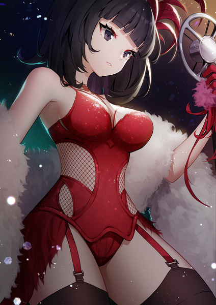 Anime picture 1909x2700 with original ango single tall image fringe highres short hair breasts light erotic black hair large breasts standing bare shoulders holding looking away cleavage blunt bangs parted lips light smile black eyes