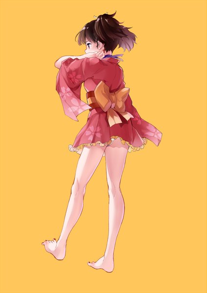 Anime picture 1487x2104 with koutetsujou no kabaneri wit studio mumei (kabaneri) cakeicake single tall image fringe short hair light erotic simple background red eyes brown hair twintails looking away full body nail polish traditional clothes japanese clothes barefoot from behind