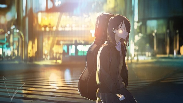 Anime picture 1920x1080 with original loundraw single long hair fringe highres brown hair wide image sitting brown eyes signed looking away outdoors profile blurry hair over one eye night depth of field city city lights