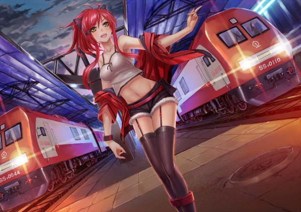 Anime picture 1200x848 with original infukun single long hair blush open mouth brown eyes sky cloud (clouds) red hair open clothes open jacket midriff girl thighhighs navel bow black thighhighs hair bow jacket