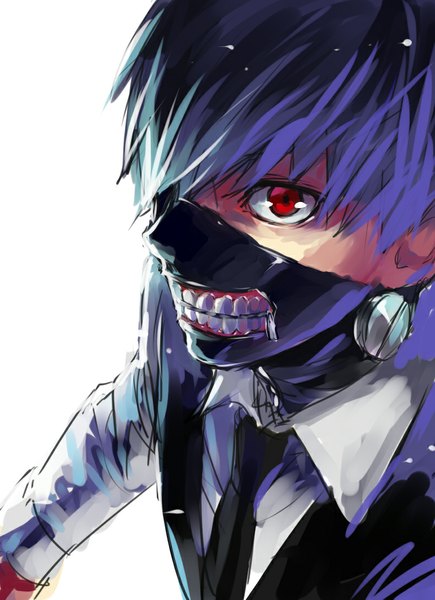 Anime picture 790x1090 with tokyo ghoul studio pierrot kaneki ken shiromi (ringo) single tall image fringe short hair simple background red eyes white background purple hair hair over one eye boy shirt necktie vest