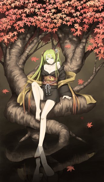 Anime picture 1143x2000 with vocaloid hatsune miku sakais3211 single long hair tall image smile sitting bare shoulders green eyes nail polish japanese clothes multicolored hair barefoot hair flower green hair light smile orange hair two-tone hair tattoo