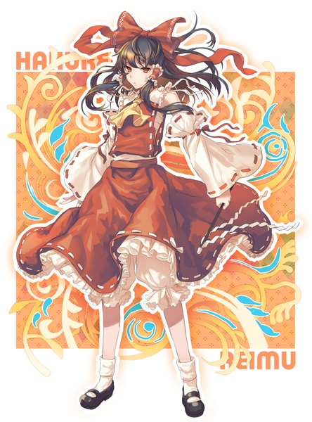 Anime picture 1000x1350 with touhou hakurei reimu kikugetsu single long hair tall image looking at viewer black hair red eyes wind character names girl skirt bow hair bow detached sleeves socks white socks skirt set mary janes