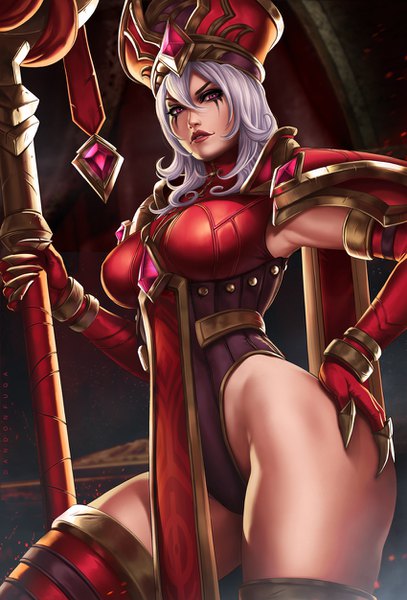 イラスト 850x1252 と world of warcraft blizzard entertainment sally whitemane dandon fuga ソロ 長髪 長身像 カメラ目線 前髪 おっぱい light erotic hair between eyes 大きな乳房 立つ 銀髪 parted lips ピンク目 lips realistic from below