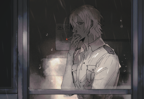 Anime picture 1300x900 with sarazanmai niiboshi reo seiniku kumiai single fringe short hair hair between eyes upper body profile monochrome rain smoking hand on face spot color against glass boy uniform window water drop cigarette