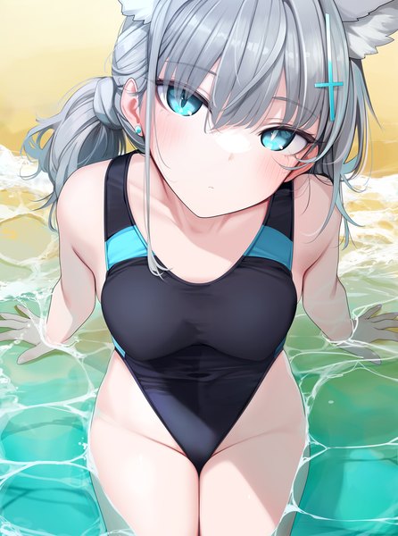 Anime-Bild 948x1274 mit blue archive shiroko (blue archive) shiroko (swimsuit) (blue archive) giba (out-low) single long hair tall image looking at viewer blush fringe breasts blue eyes light erotic hair between eyes sitting animal ears head tilt from above grey hair arm support
