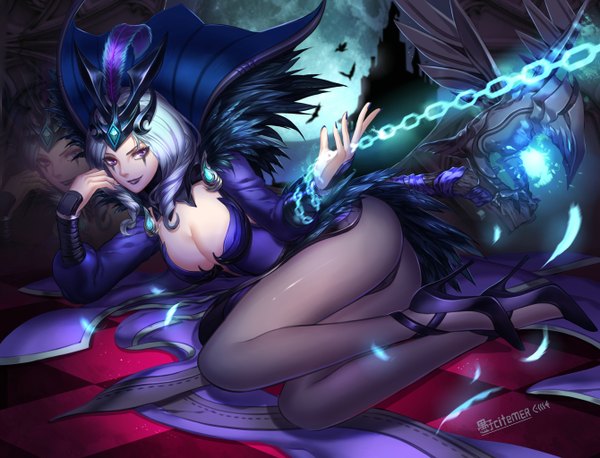 Anime picture 2680x2048 with league of legends emilia leblanc gu-ko citemer single long hair looking at viewer highres breasts light erotic smile large breasts purple eyes blue hair bent knee (knees) high heels alternate costume lipstick facial mark drill hair reflection