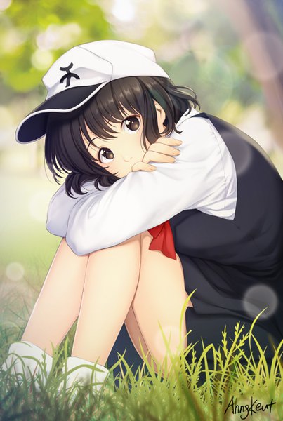 Anime picture 1881x2800 with original ahngkeut single tall image looking at viewer highres short hair black hair sitting signed outdoors black eyes covered mouth girl skirt uniform plant (plants) school uniform hat miniskirt