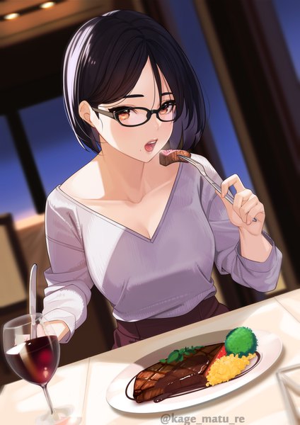Anime picture 1736x2456 with original kagematsuri single tall image looking at viewer fringe highres short hair breasts open mouth black hair sitting holding brown eyes signed cleavage indoors night mole teeth