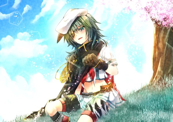 Anime picture 2064x1457 with kantai collection kiso light cruiser yuihira asu (sorairo as) single looking at viewer highres short hair open mouth sitting green eyes sky cloud (clouds) pleated skirt green hair bare belly cherry blossoms groin girl skirt gloves
