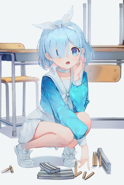 Anime picture 2772x4118 with blue archive arona (blue archive) bbul horn single tall image looking at viewer blush fringe highres short hair open mouth blue eyes simple background full body bent knee (knees) long sleeves multicolored hair hair over one eye aqua hair puffy sleeves