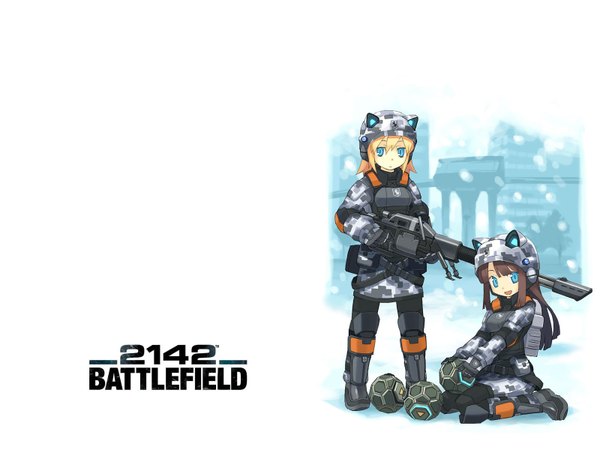 Anime picture 1600x1200 with battlefield battlefield 2142 tanaka (cow) long hair looking at viewer fringe highres short hair open mouth blue eyes blonde hair hair between eyes brown hair standing white background sitting multiple girls animal ears full body tail