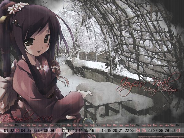Anime picture 1600x1200 with sakura musubi cuffs (studio) sera karen kantoku ac2n single long hair looking at viewer open mouth brown eyes signed purple hair outdoors ponytail traditional clothes japanese clothes hair flower christmas winter snow