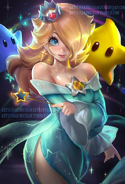 Anime picture 612x900 with super mario bros. rosetta (mario) chiko (mario) sakimichan long hair tall image blush fringe blue eyes blonde hair bare shoulders holding signed long sleeves lips hair over one eye realistic wide sleeves sparkle watermark