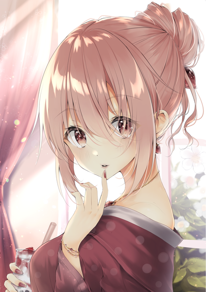 Anime picture 3541x5016 with original uzuki tsukuyo single tall image looking at viewer blush fringe highres short hair breasts hair between eyes brown hair holding brown eyes payot absurdres upper body nail polish parted lips fingernails