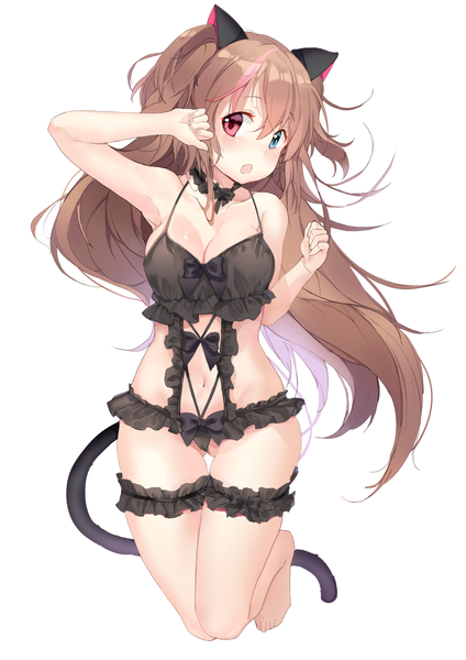 Anime picture 1200x1698 with girls frontline mk23 (girls frontline) nekoko (windcat429) single long hair tall image looking at viewer blush fringe breasts open mouth blue eyes light erotic simple background hair between eyes red eyes brown hair large breasts white background bare shoulders
