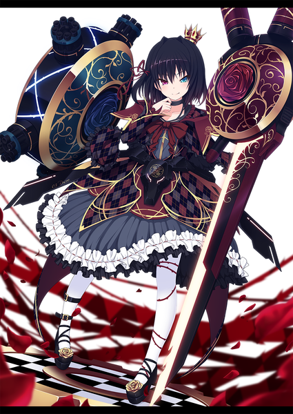 Anime picture 1000x1412 with original ugume single tall image looking at viewer blush short hair black hair light smile heterochromia girl dress flower (flowers) weapon petals sword rose (roses) crown